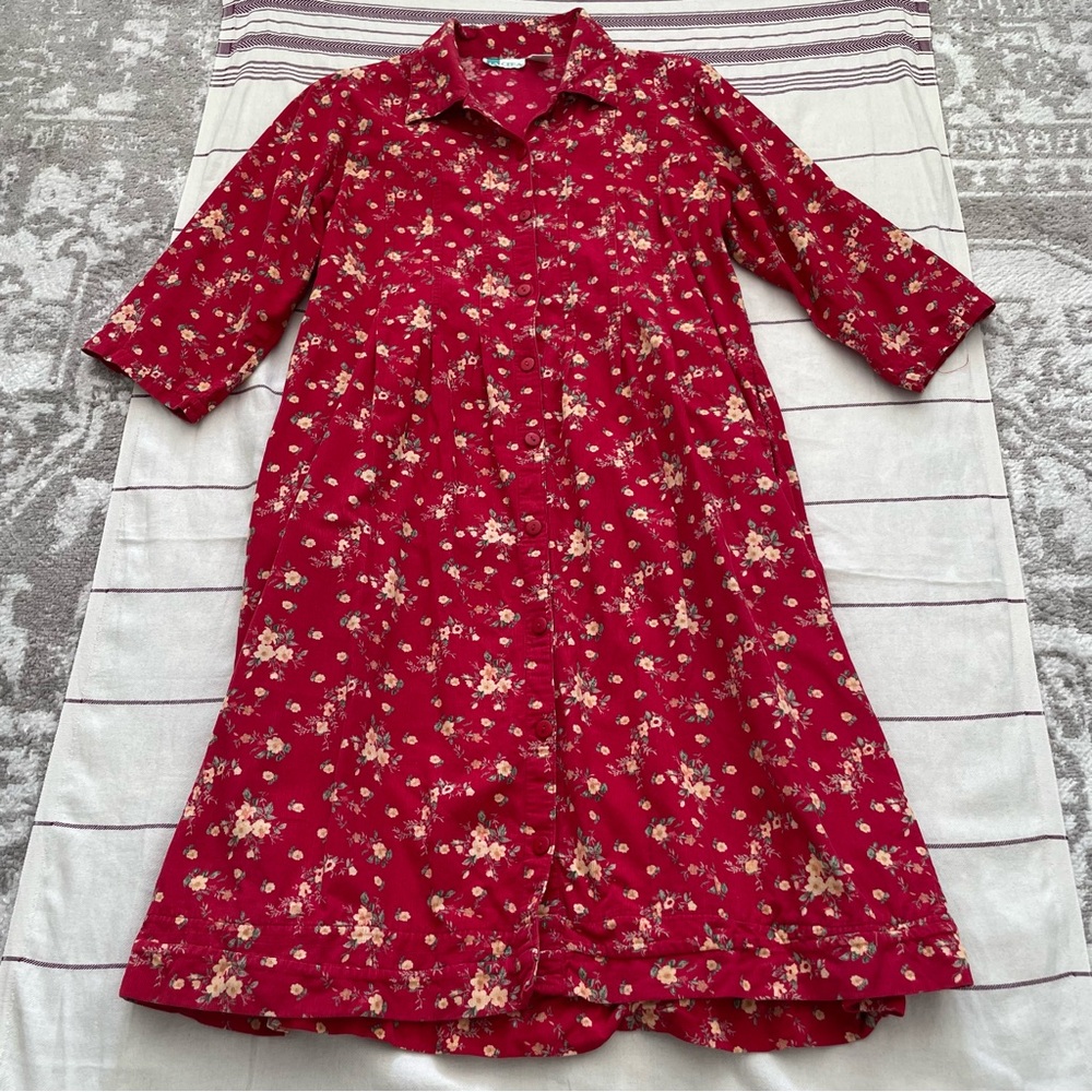 Vintage La Cera 100% cotton corduroy sz large floral print red midi dress